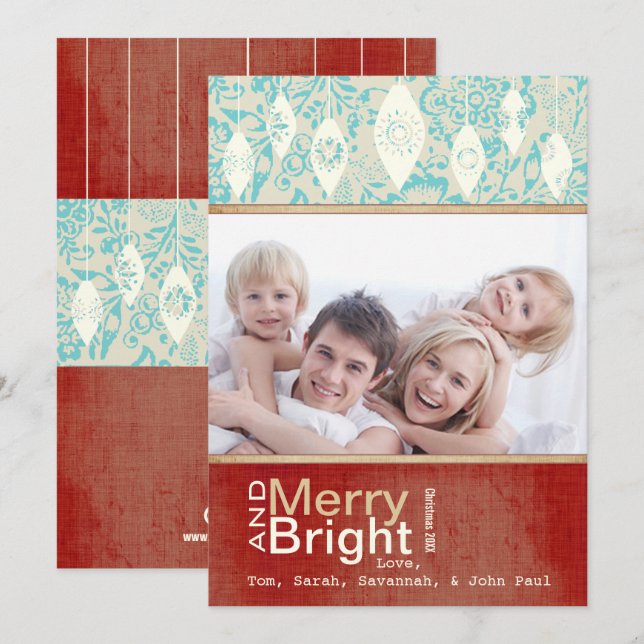 Tarjeta fotográfica Aqua Red Retro Merry y Bright  (Anverso / Reverso)
