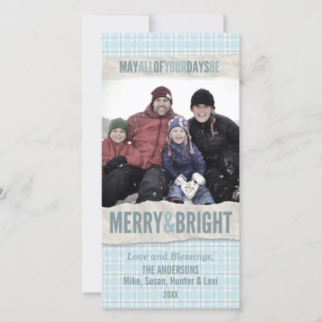 Tarjeta fotográfica Aqua Winter Plaid Merry/Bright (Anverso)
