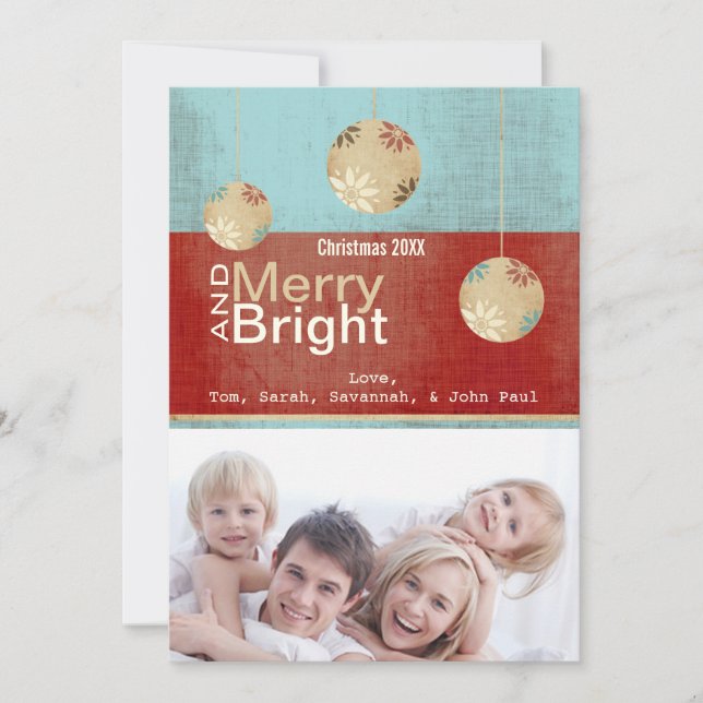 Tarjeta fotográfica Aqua y Red Merry y Bright Fami (Anverso)
