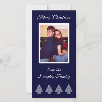 Tarjeta fotográfica azul de árboles de Navidad