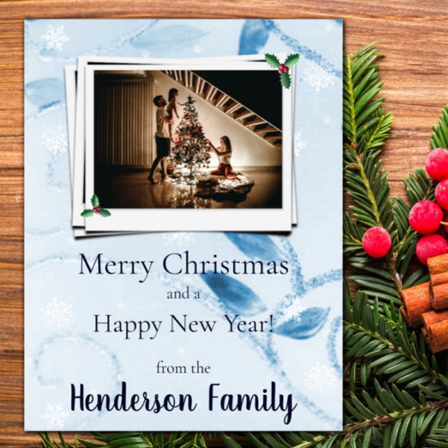 Tarjeta fotográfica azul para vacaciones planas (Blue Leaves Flat Holiday Photo Card)