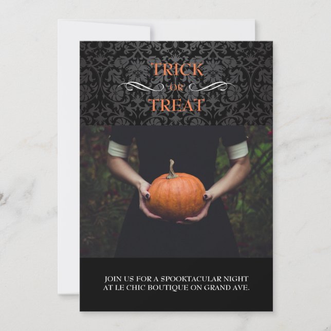 Tarjeta fotográfica Black Damask Halloween (Anverso)