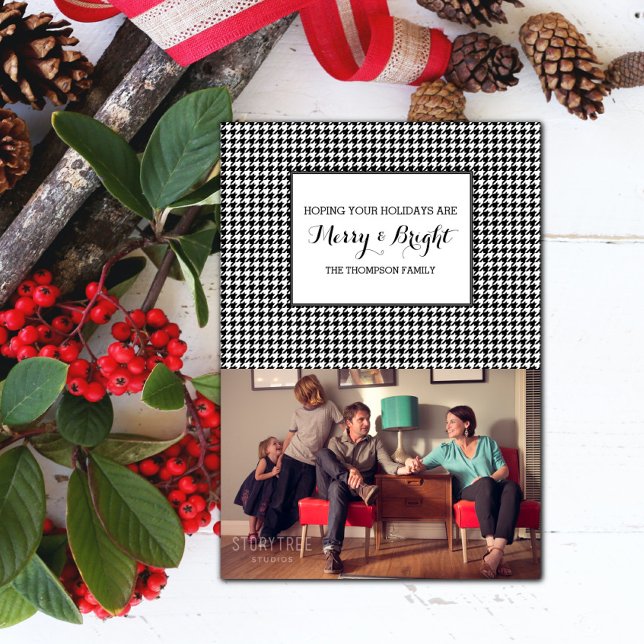 Tarjeta fotográfica Black Houndstap (Black Houndstooth Holiday Photo Card)