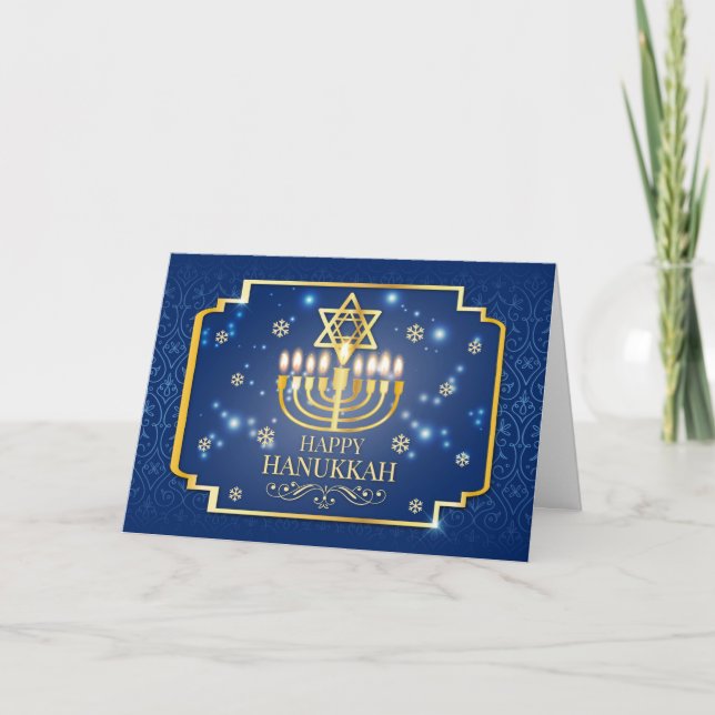 Tarjeta fotográfica Blue and Gold Hanukkah (Anverso)