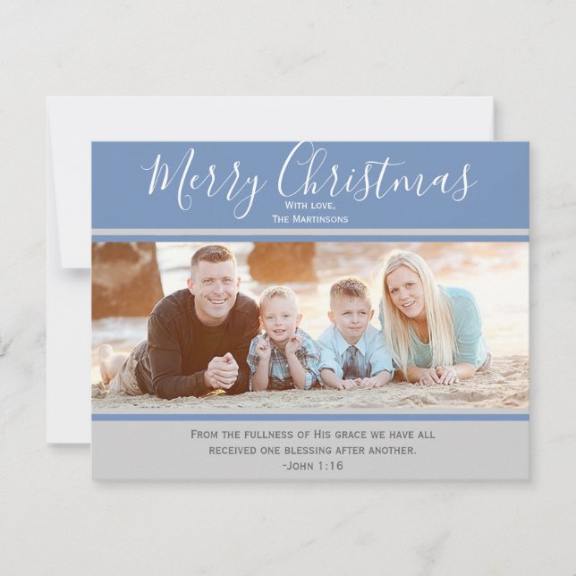 Tarjeta fotográfica Blue and Grey Merry Christmas (Anverso)