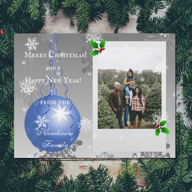 Tarjeta fotográfica Blue Fancy Christmas Ornament  (Blue Fancy Christmas Ornament Holiday Photo Card)