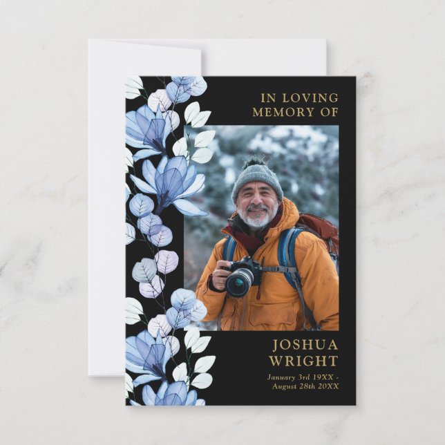 Tarjeta fotográfica Blue Floral Memorial Funeral (Anverso)