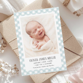 Tarjeta fotográfica Blue Gingham Baby Birth