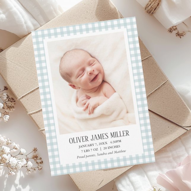 Tarjeta fotográfica Blue Gingham Baby Birth (Subido por el creador)