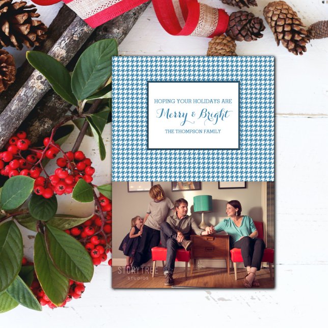 Tarjeta fotográfica Blue Houndstap (Blue Houndstooth Holiday Photo Card)