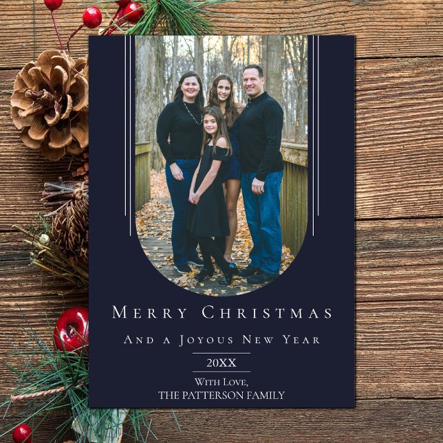 Tarjeta fotográfica Blue Modern Invertida Boho Arc (Blue Modern Inverted Arch Holiday Photo Card)