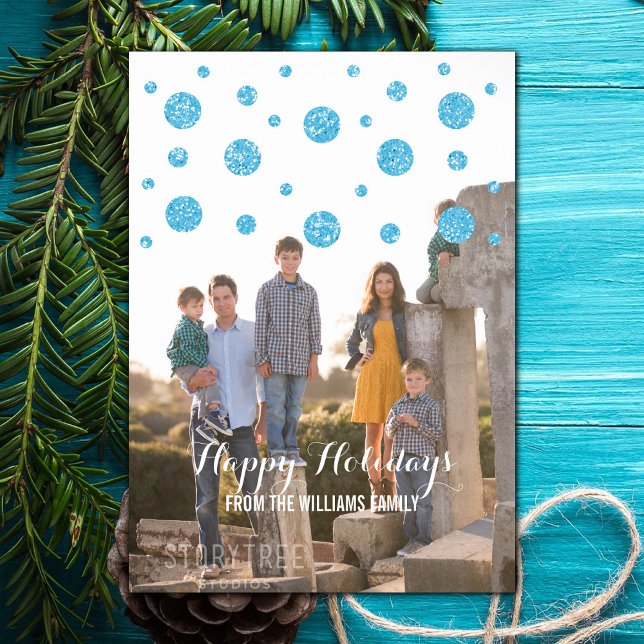 Tarjeta fotográfica Blue Purpurina Confetti (Blue Glitter Confetti Holiday Photo Card)