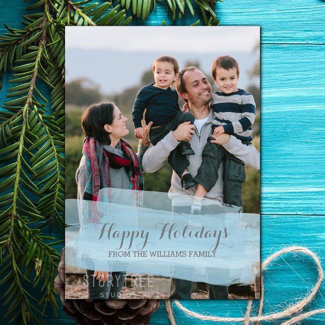 Tarjeta fotográfica Blue Watercolor Bruske Holiday (Blue Watercolor Brushstroke Holiday Photo Card)