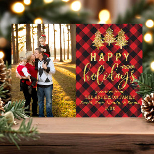 Tarjeta fotográfica Buffalo Plaid Gold Happy Holid