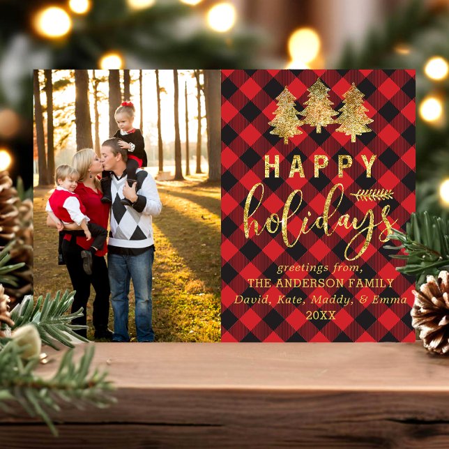 Tarjeta fotográfica Buffalo Plaid Gold Happy Holid (Subido por el creador)