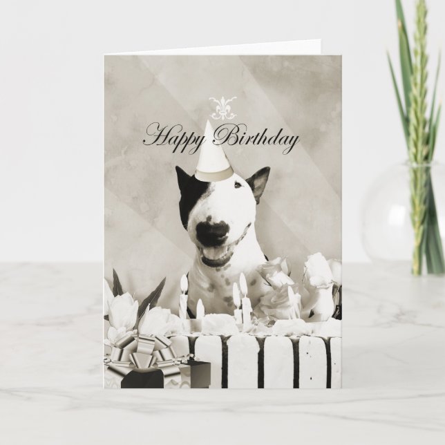 Tarjeta fotográfica Bull Terrier "Cumpleaños Feliz (Anverso)
