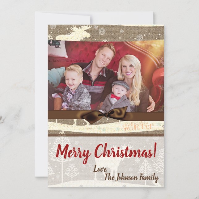 Tarjeta fotográfica Burlap Deer Doe Buck Navidades (Anverso)