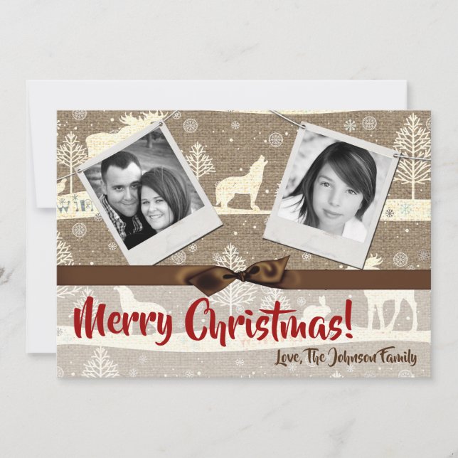 Tarjeta fotográfica Burlap Deer Doe Buck Navidades (Anverso)
