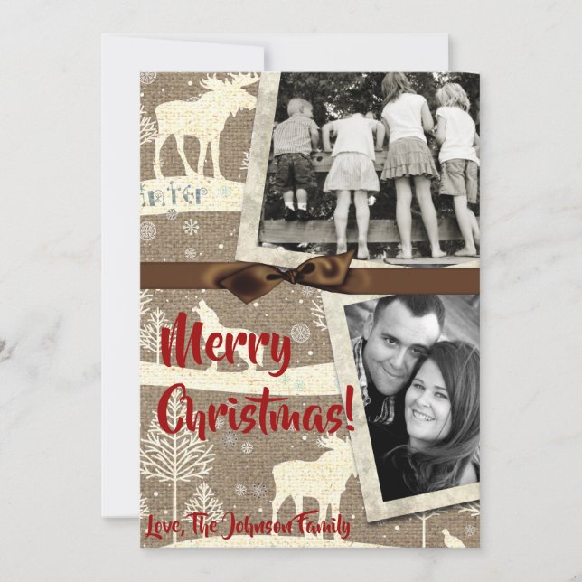Tarjeta fotográfica Burlap Deer Doe Buck Navidades (Anverso)