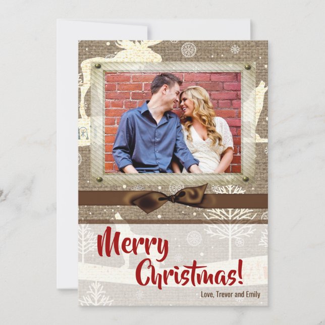 Tarjeta fotográfica Burlap Deer Doe Buck Navidades (Anverso)