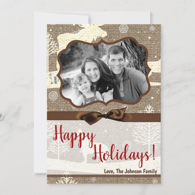 Tarjeta fotográfica Burlap Deer Doe Buck Navidades (Anverso)