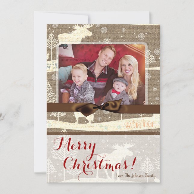 Tarjeta fotográfica Burlap Deer Doe Buck Navidades (Anverso)