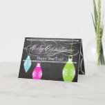 Tarjeta fotográfica Chalkboard Merry Christmas<br><div class="desc">Ornamentos azulados y rosados verdes de lima estética filigrí en tarjeta de fotografía navideña de tipografía de pizarra</div>
