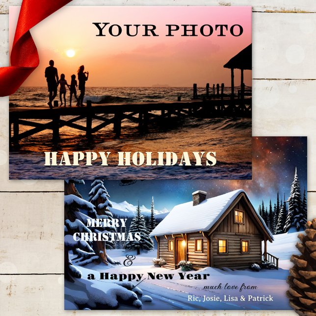 Tarjeta fotográfica Classic Merry Christmas Holida (Christmas Holidays custom photo card with classic winter landscape with festive cottage and Santa)