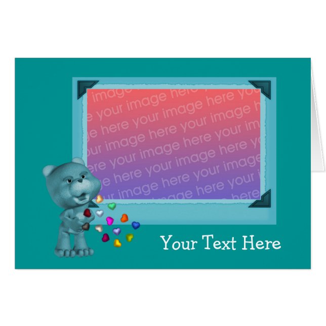 Tarjeta Fotográfica Cute Aqua Bear And Hearts (Anverso (Horizontal))