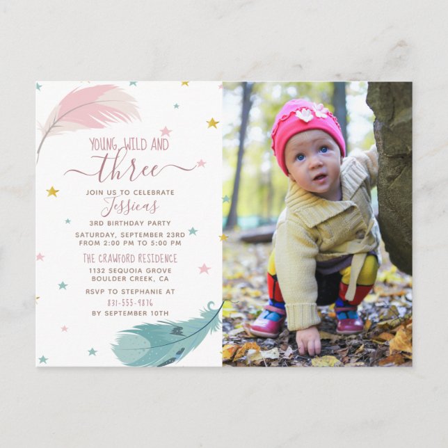 Tarjeta fotográfica Cute Boho Baby Girl 3er cumple (Anverso)