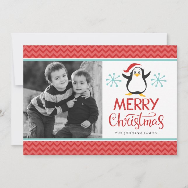 Tarjeta fotográfica Cute Penguin Merry Christmas H (Anverso)