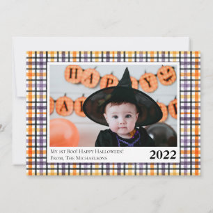 Tarjeta fotográfica Cute Purple y Naranja Plaid Ha