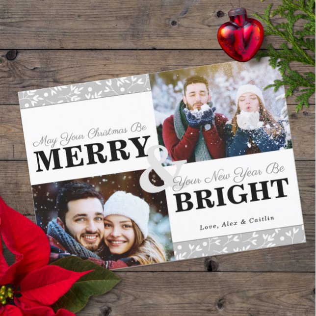 Tarjeta fotográfica de 2 Navidades Gray Tones (Merry & Bright 2-Photo Holiday Card with Gray-Tone Typography )