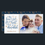 Tarjeta fotográfica de amor y luz Hanukkah<br><div class="desc">Un diseño Hanukkah moderno y elegante,  con Relieves metalizados de color dorado falso y azul oscuro. Fácil de personalizar con su propia foto y texto.</div>