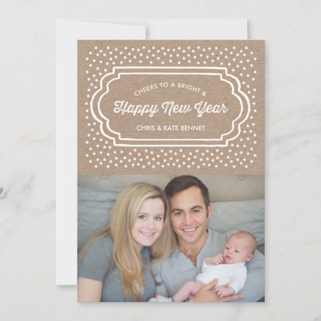 Tarjeta fotográfica de Año Nuevo brillante y feliz (Anverso)