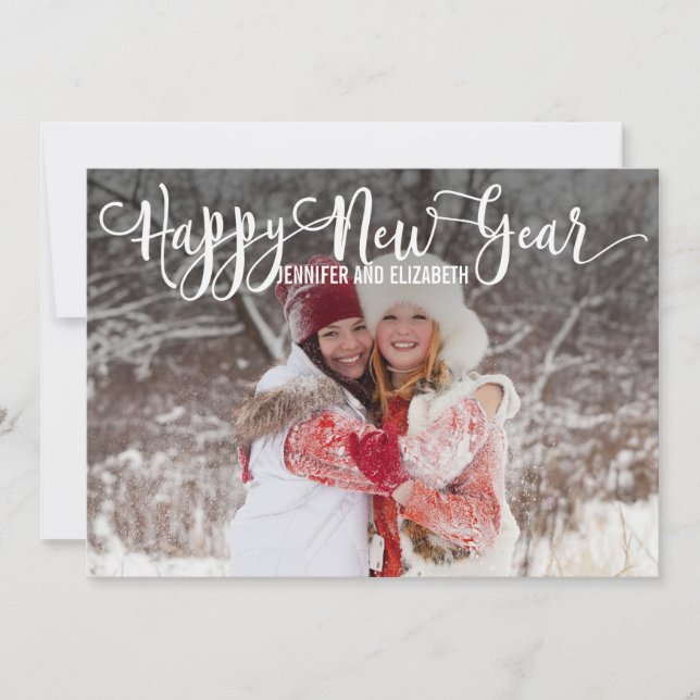 Tarjeta fotográfica de Año Nuevo feliz con escritu (Anverso)