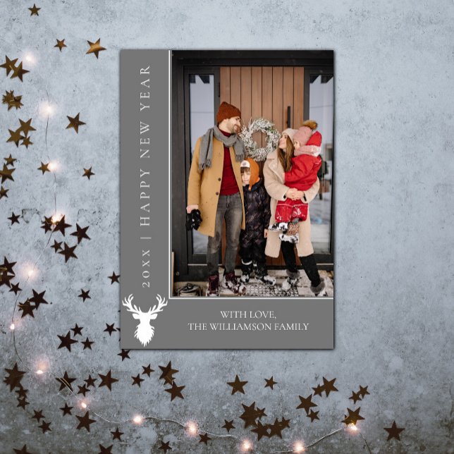 Tarjeta fotográfica de Año Nuevo para renos simple (Simple Reindeer New Years Photo Card - Gray)