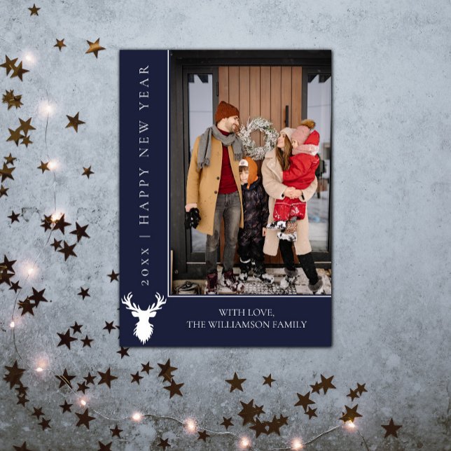 Tarjeta fotográfica de Año Nuevo para renos simple (Simple Reindeer New Years Photo Card - Blue)