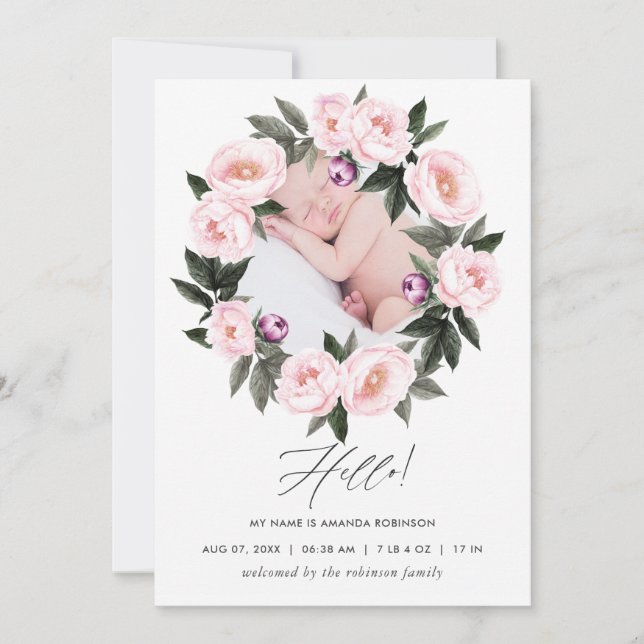 Tarjeta fotográfica de anuncio de nacimiento flora (Anverso)