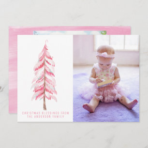 Tarjeta fotográfica de árbol de navidad rosa acuar