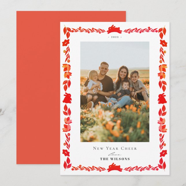 Tarjeta fotográfica de arte folclórico rojo para v (Anverso / Reverso)