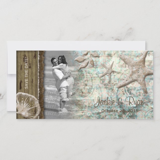 Tarjeta fotográfica de boda de playa Seashell Beig (Anverso)