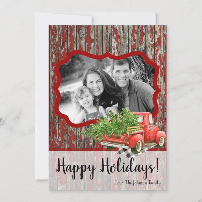 Tarjeta fotográfica de camiones de Navidades rojos (Anverso)