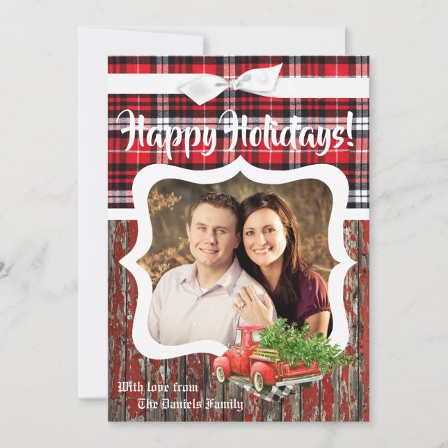 Tarjeta fotográfica de camiones de Navidades rojos (Anverso)