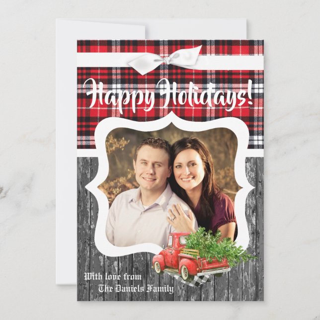 Tarjeta fotográfica de camiones de Navidades rojos (Anverso)