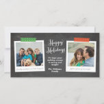 Tarjeta fotográfica de Chalkboard de doble fotogra<br><div class="desc">Esta moderna y económica tarjeta de vacaciones para Navidades cuenta con dos de tus fotos favoritas en marcos de estilo con cinta de washi estampada en rojo alegre y verde contra un fondo de pizarra. ¡No te olvides de personalizar con tus propias leyendas de fotos, mensajes de texto y apellidos!...</div>