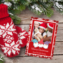 Tarjeta fotográfica de copos de nieve rojos y blan