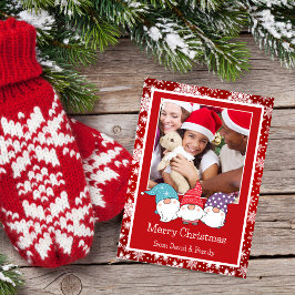 Tarjeta fotográfica de copos de nieve rojos y blan