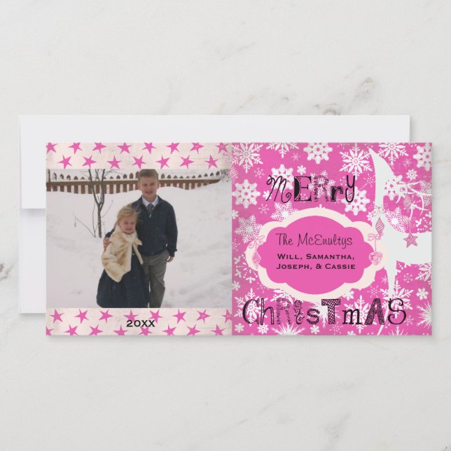 Tarjeta fotográfica de copos de nieve y renos (Anverso)