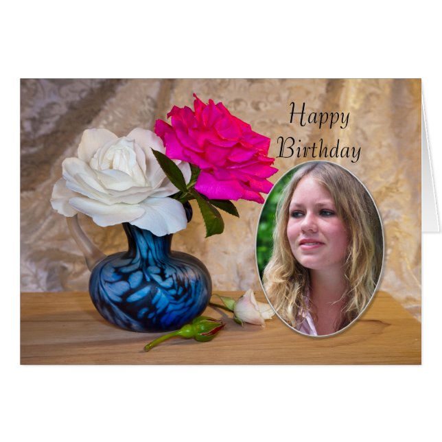 Tarjeta fotográfica de cumpleaños con rosas (Anverso (Horizontal))